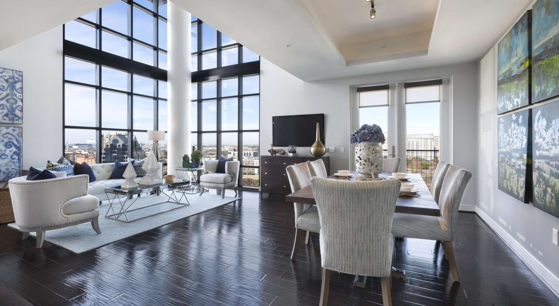 a large room with a large table and chairs