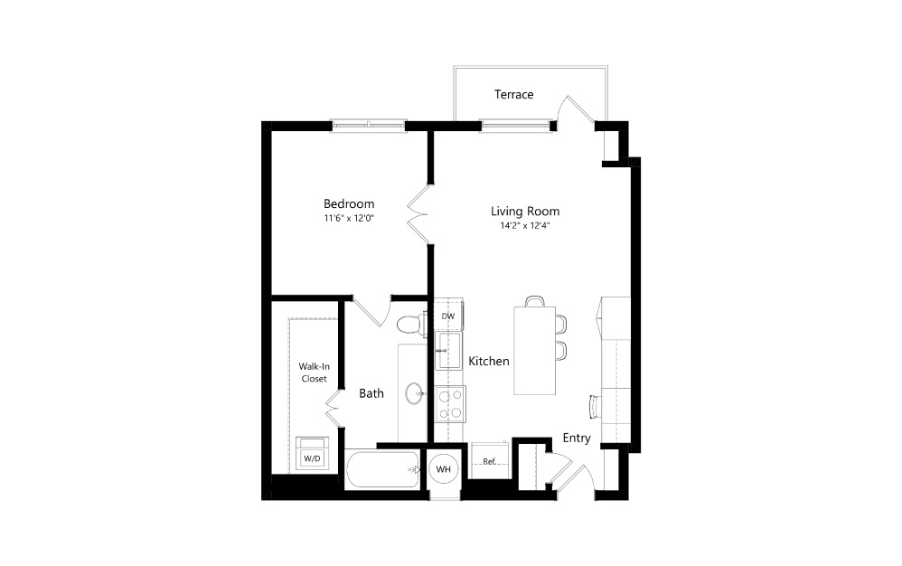 A1b - 1 bedroom floor plan layout with 1 bathroom and 718 square feet