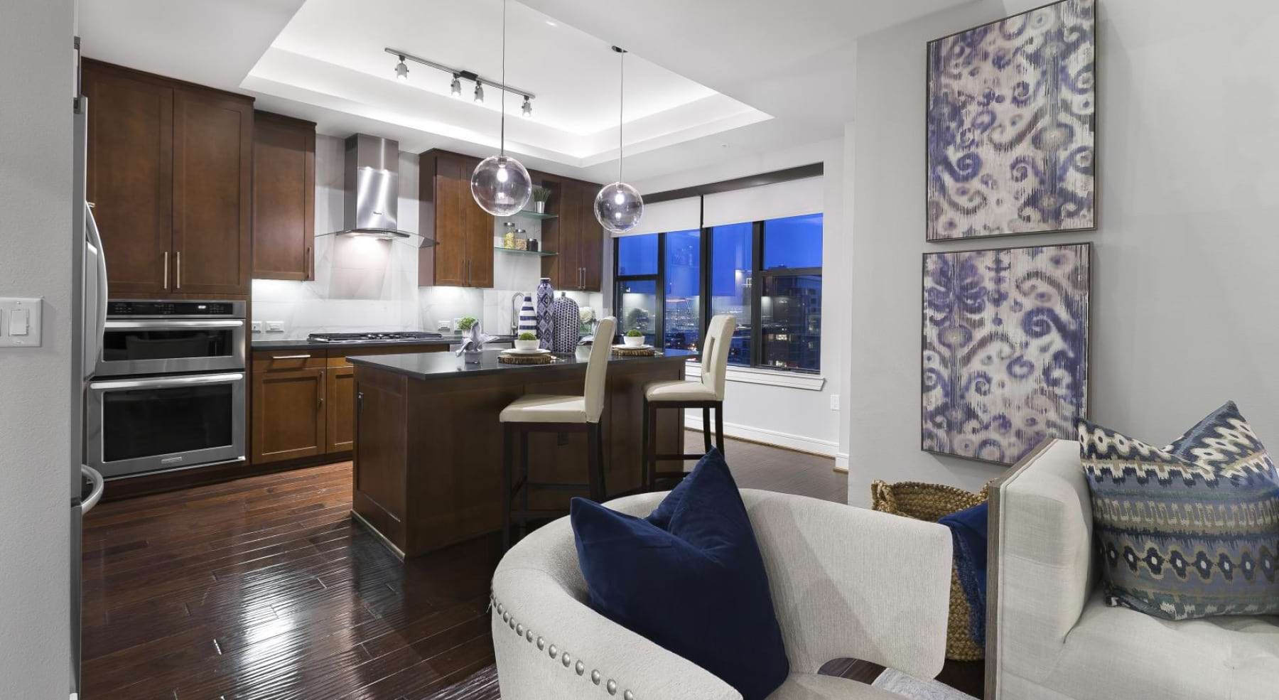 a kitchen and living room