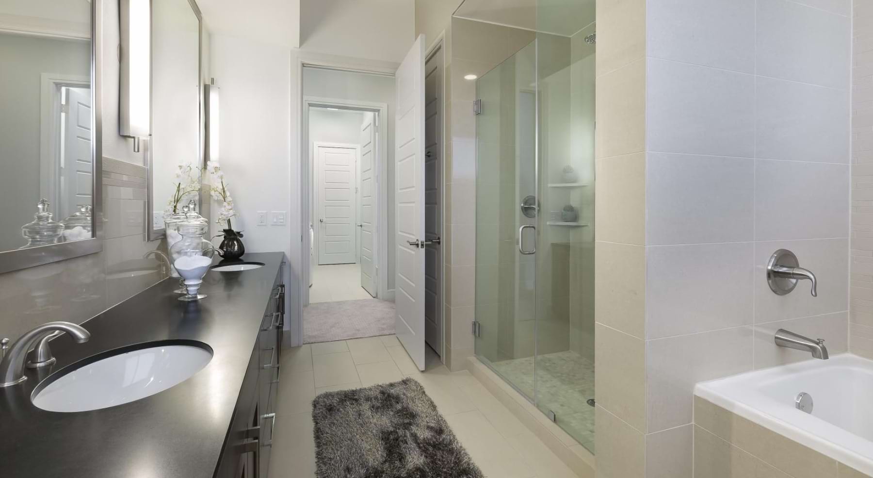 a bathroom with a glass shower